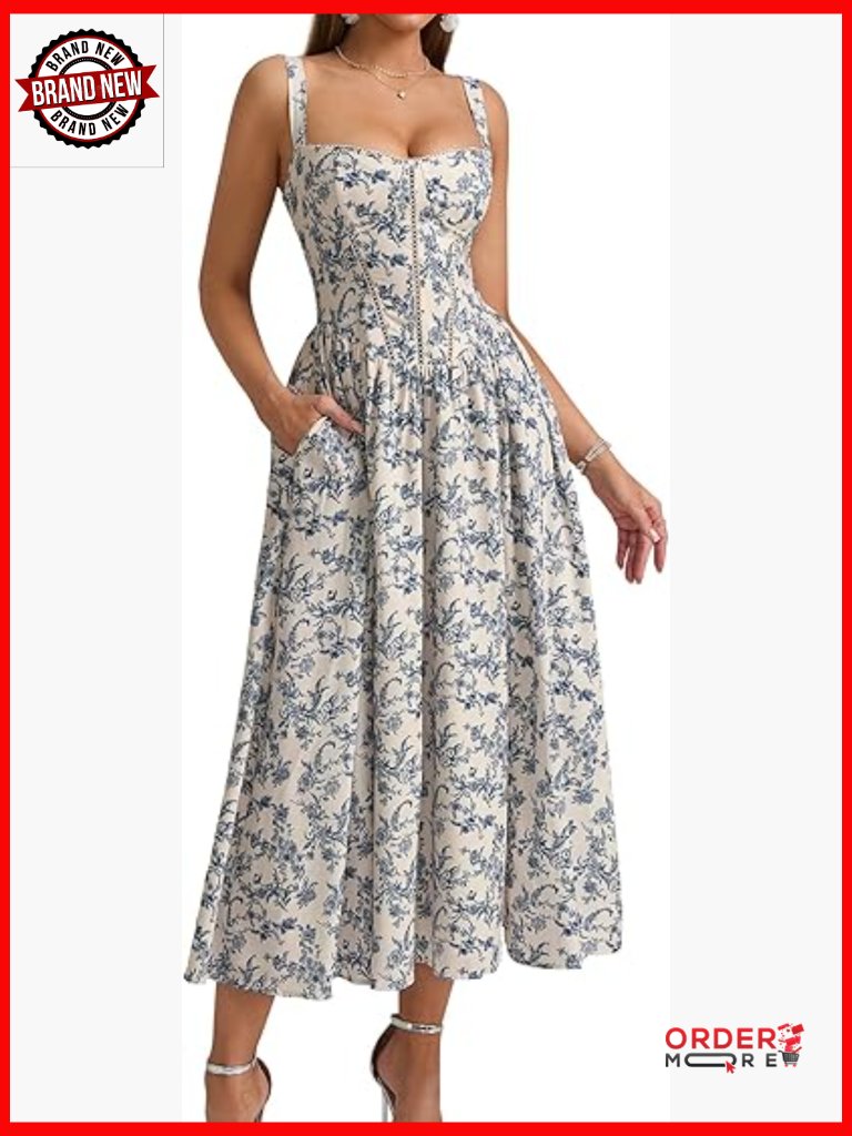 Floral Corset Midi Dress With Pockets - Flowy Slit Summer Wedding Guest Dress